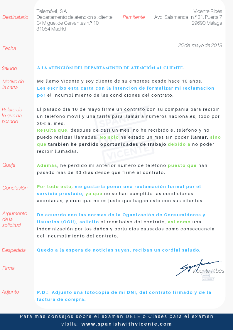 Tarea 2  DELE C1  Carta de Reclamación  Spanish with Vicente