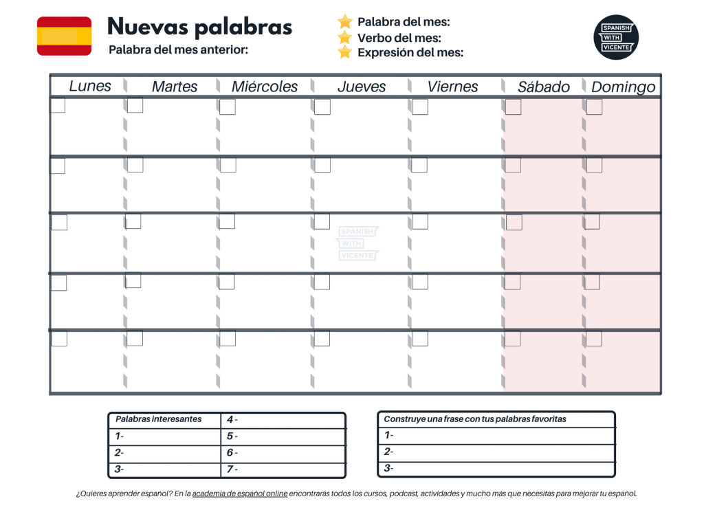 Calendario para aprender vocabulario en español